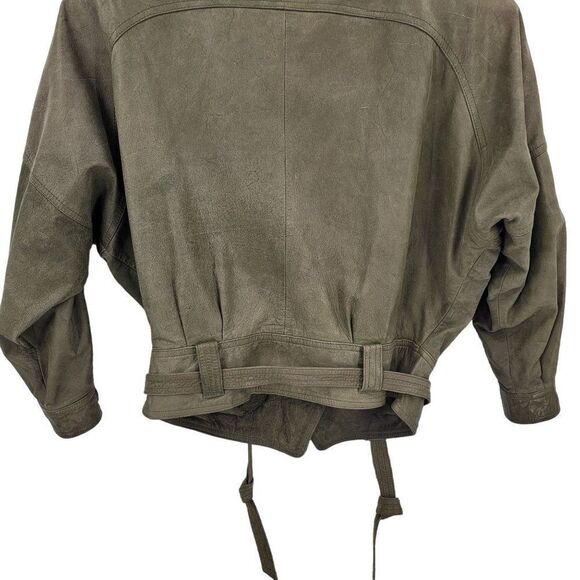 Rare Vintage 80s Winlit Army Green Leather Bomber Jacket M Raglan Belted - Picture 14 of 16